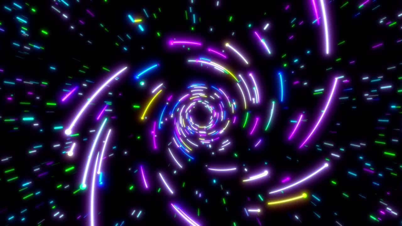 líneas de neón brillantes túnel. azul rojo rosa y violeta iluminación de colores. bucle sin costuras animación 4k para club nocturno