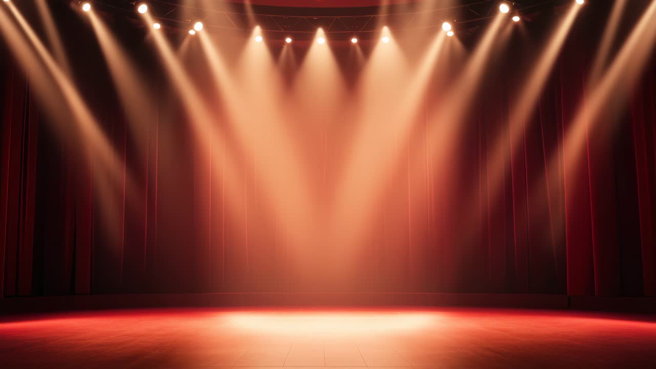 Dramatic stage scene with warm spotlights illuminating an empty theater