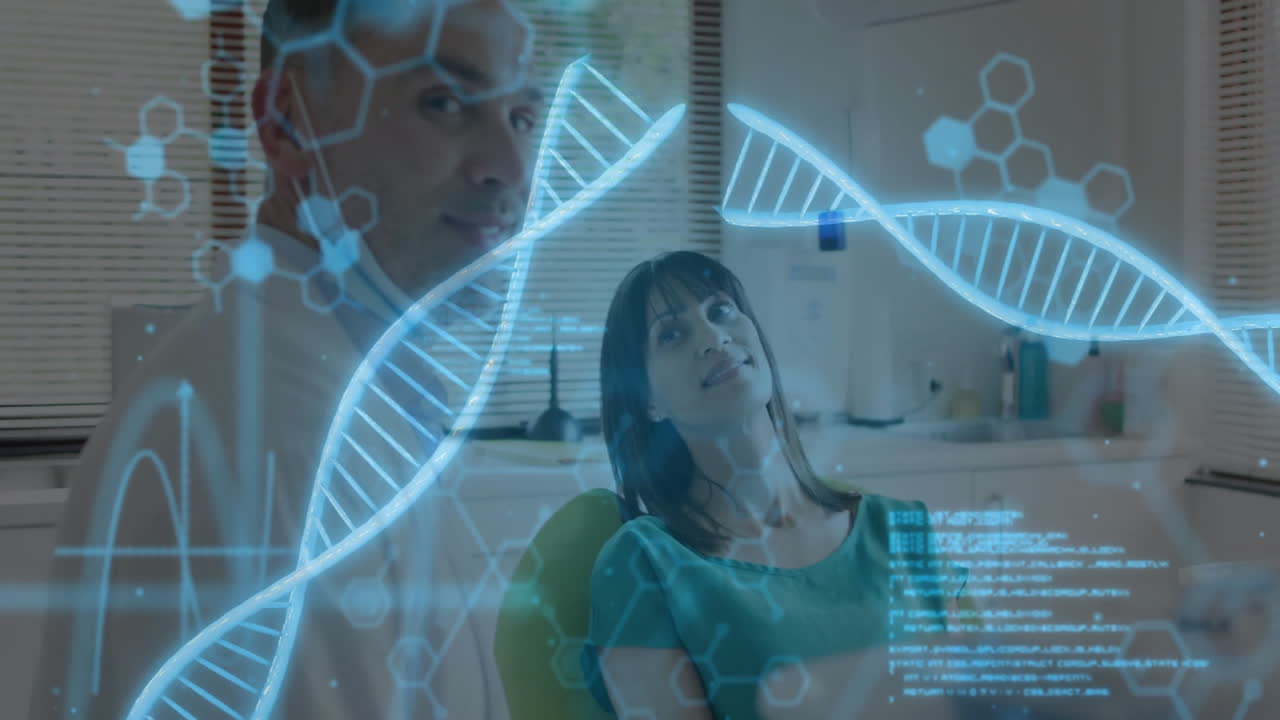 Female patient reclining in medical clinic room, observing holographic DNA helix and data panels