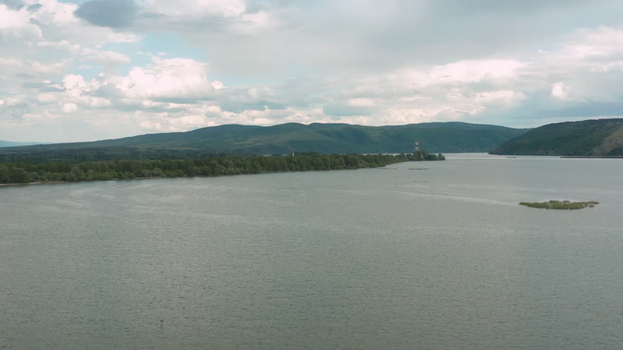 Danube River With Mountainous Island On The Background In Europe. aerial