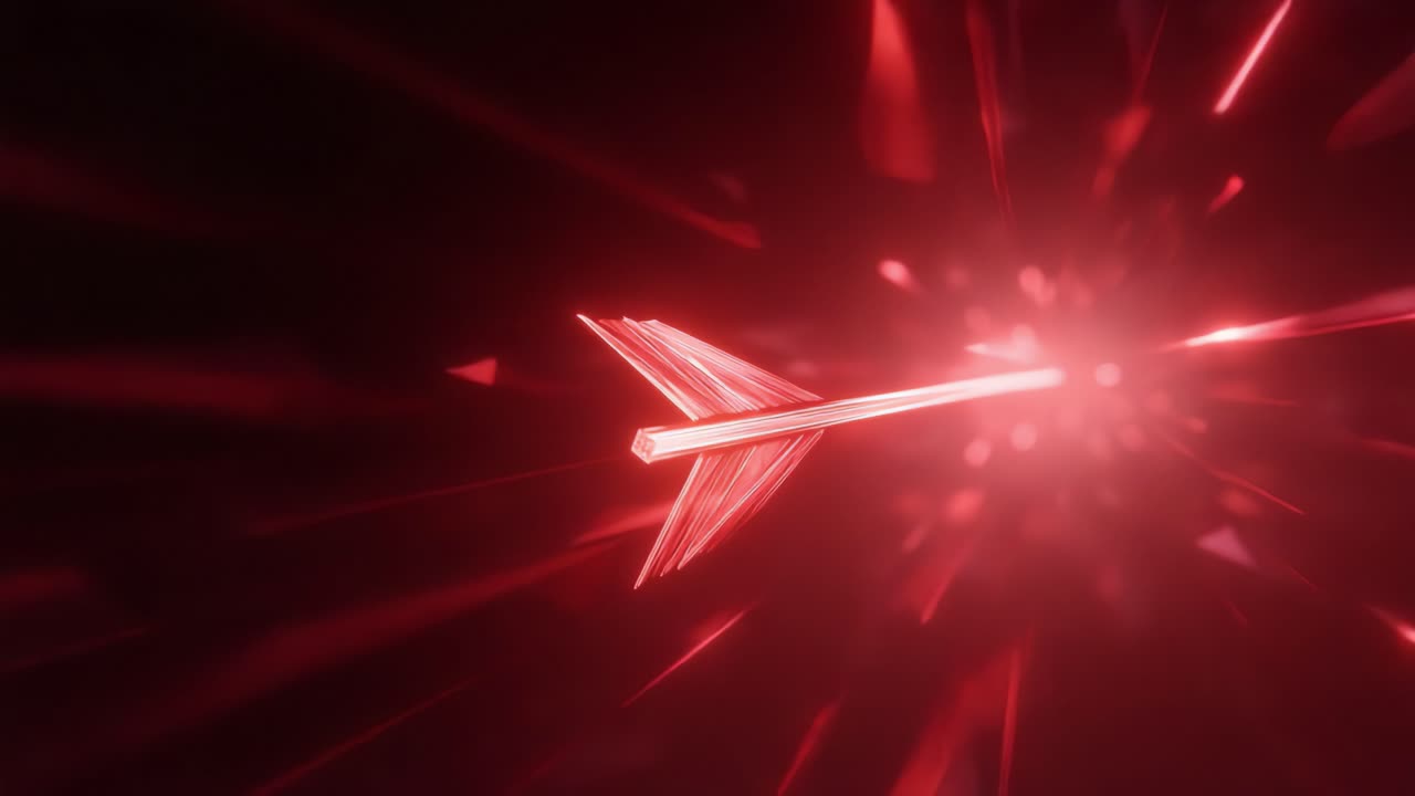 Abstract animation of a vibrant red arrow flying through a dark space and precisely hitting the center of a target, symbolizing goal achievement, direction, focus, and business success