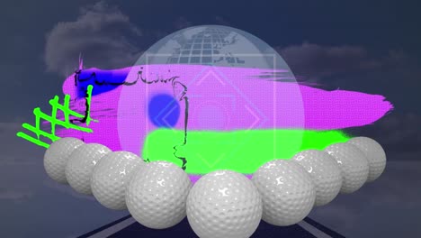 animation of golf balls over shapes and globe
