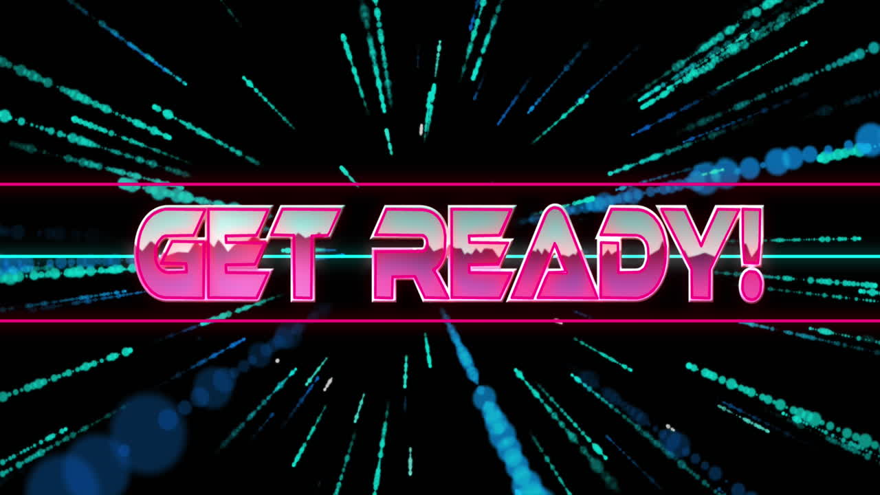 검은색 배경에 날아다니는 점 위에 줄 사이에 준비 텍스트의 애니메이션