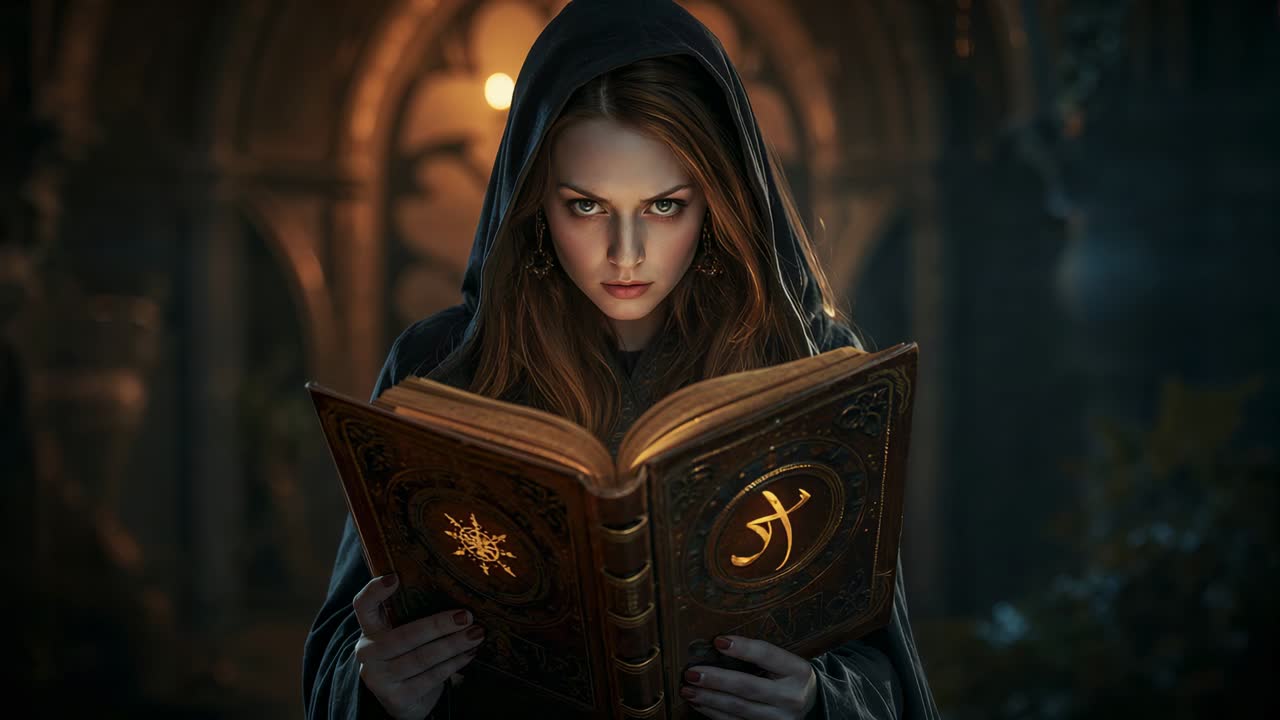 Lifting gaze, hooded woman turning rune-etched book pages in gothic chamber, absorbing lore