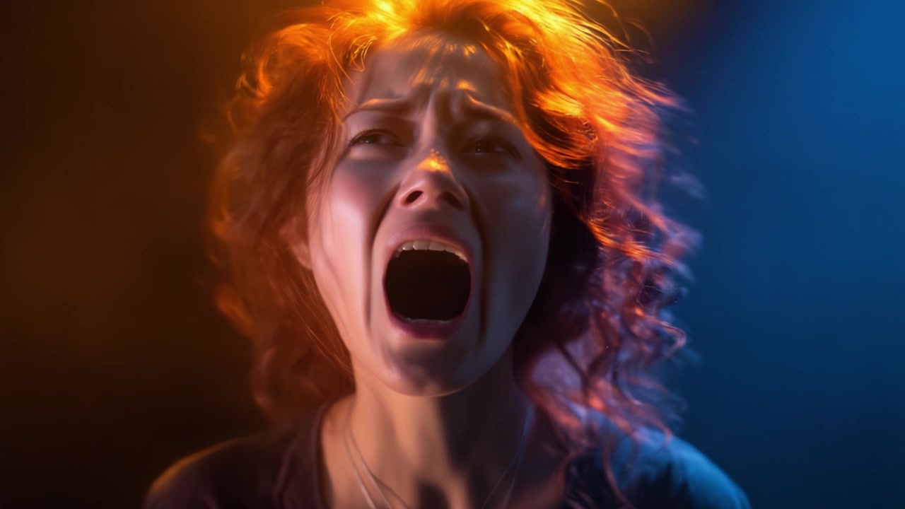 Turbolenza emotiva: una rappresentazione sorprendente di angoscia e disperazione catturata in due fotogrammi avvincenti che mostrano una donna in profondo disagio e paura.