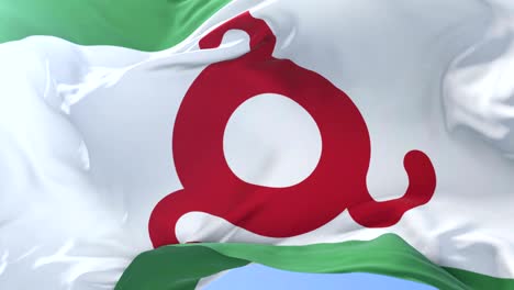 flag of ingushetia waving at wind in slow in blue sky, loop