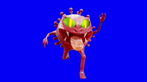 covid-19 or coronavirus cell monster, run cycles on the blue, black screen and alpha channel in the end section, 3d animation looping.