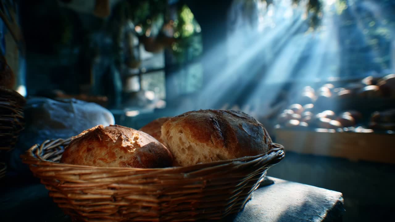 A Warm and Inviting Bread Basket Bathed in Soft Sunlight, Highlighting the Rustic Charm of Freshly Baked Bread and the Serenity of an Artisan Bakery Setting with Gentle Rays of Light Filtering Through
