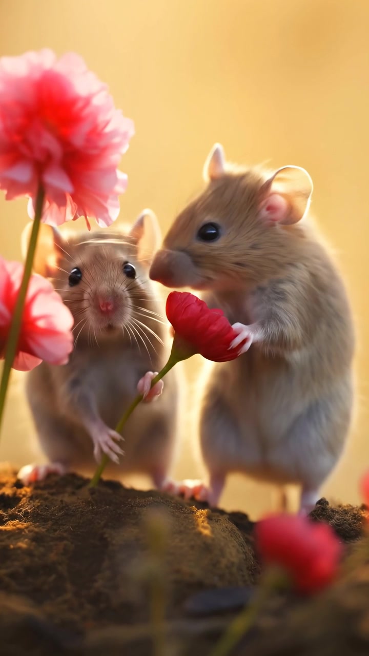 Due simpatici topi che tengono un fiore rosso in un giardino