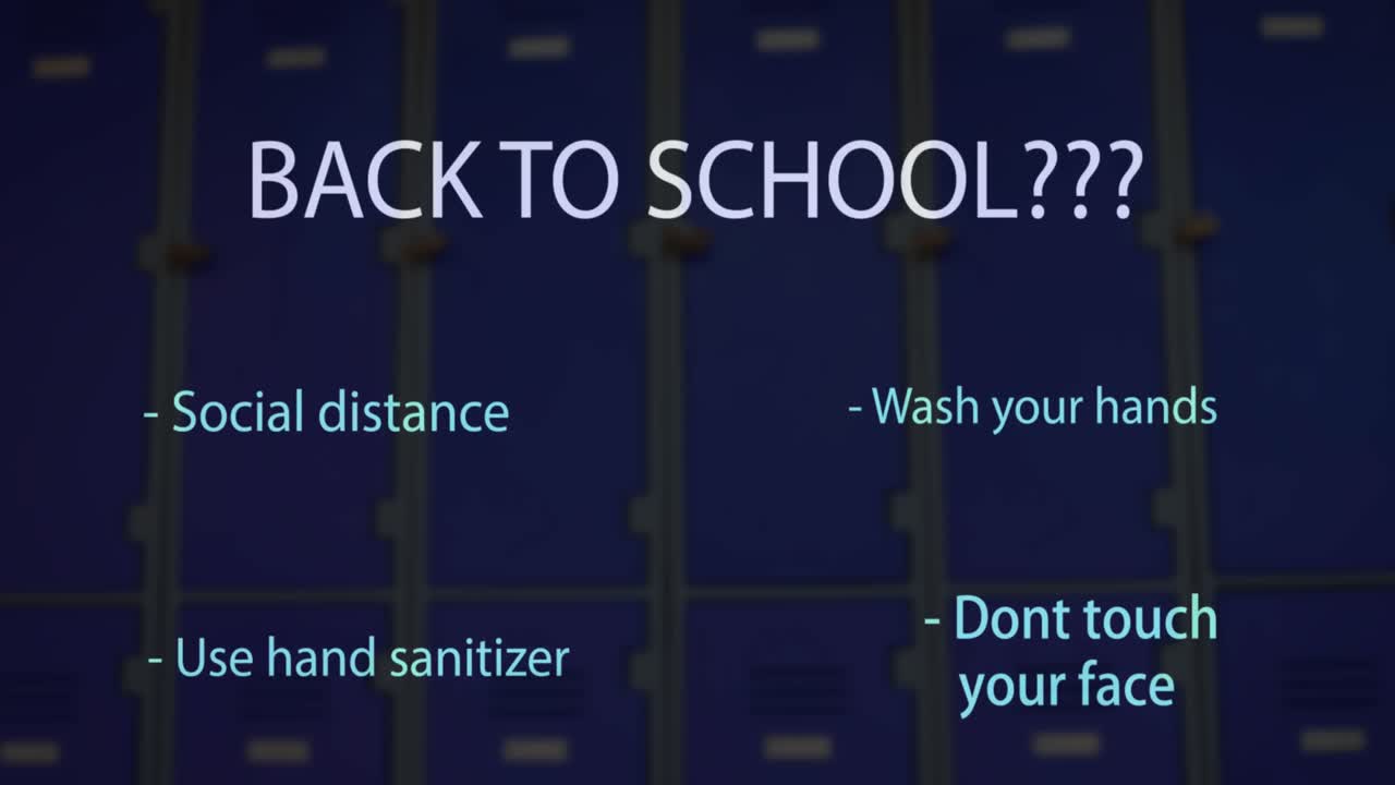 학교 복귀 텍스트와 학교 로커에 대한 코로나바이러스 개념 텍스트