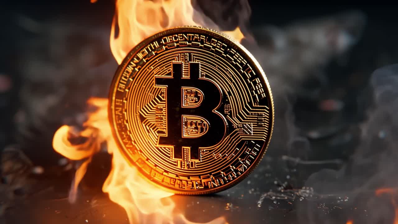 Bitcoin coin engulfed in flames