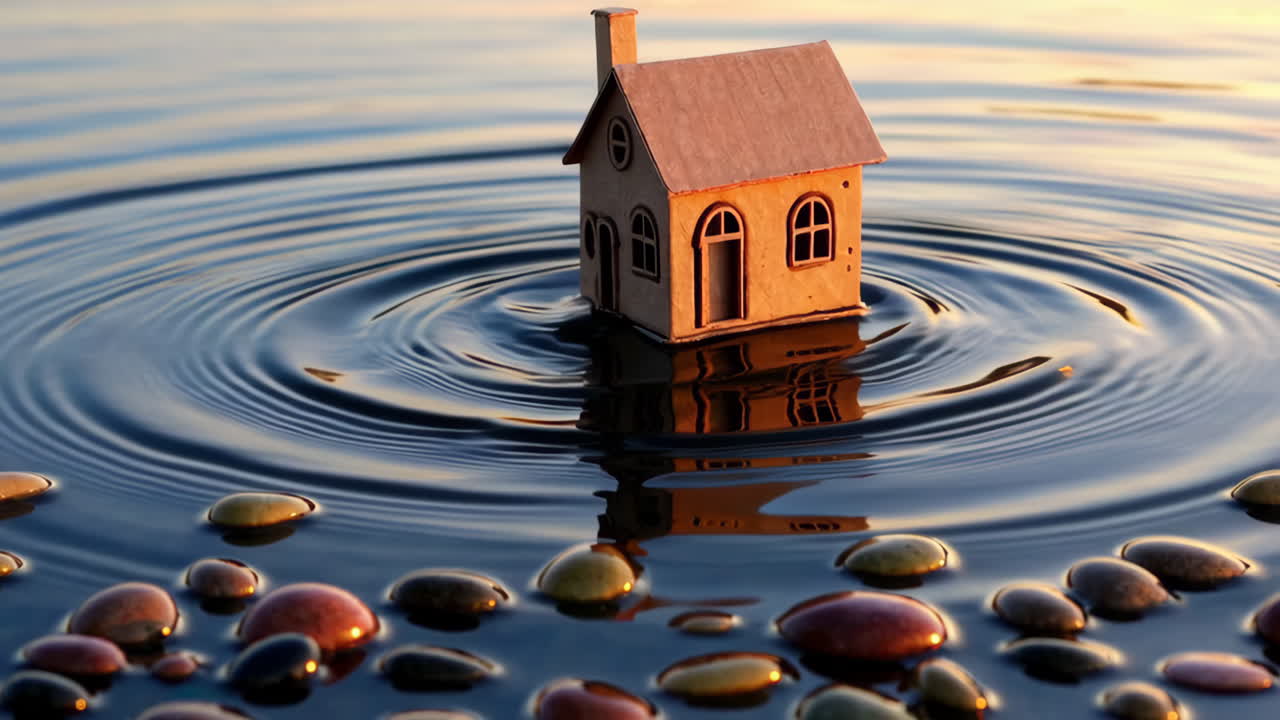 Miniature House Floating on Rippled Water