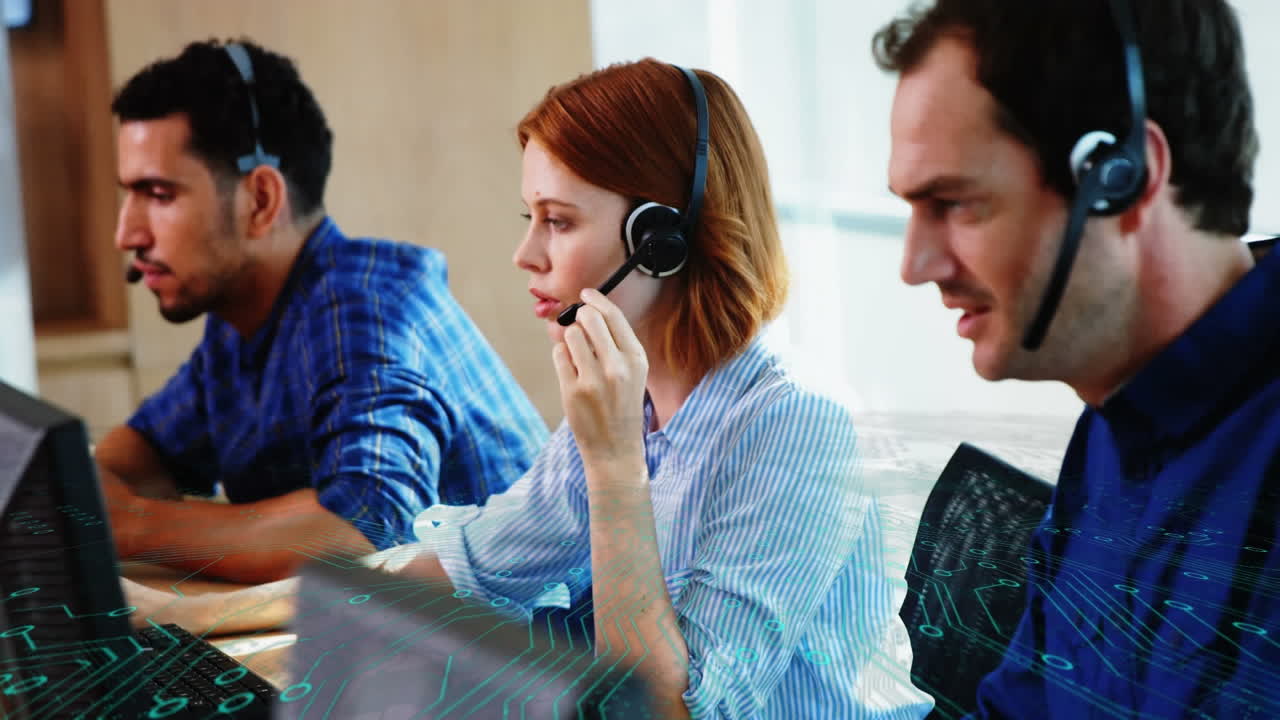 Animation of data processing over businesswoman using smartphone