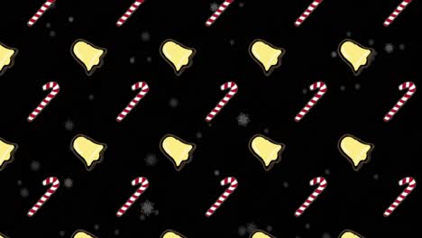 animation of multiple bells and candy cane on black background