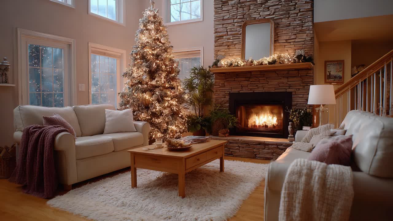 Cozy Winter Living Room with Christmas Tree and Warm Fireplace: A Serene Scene for Holiday Gatherings and Festive Cheer