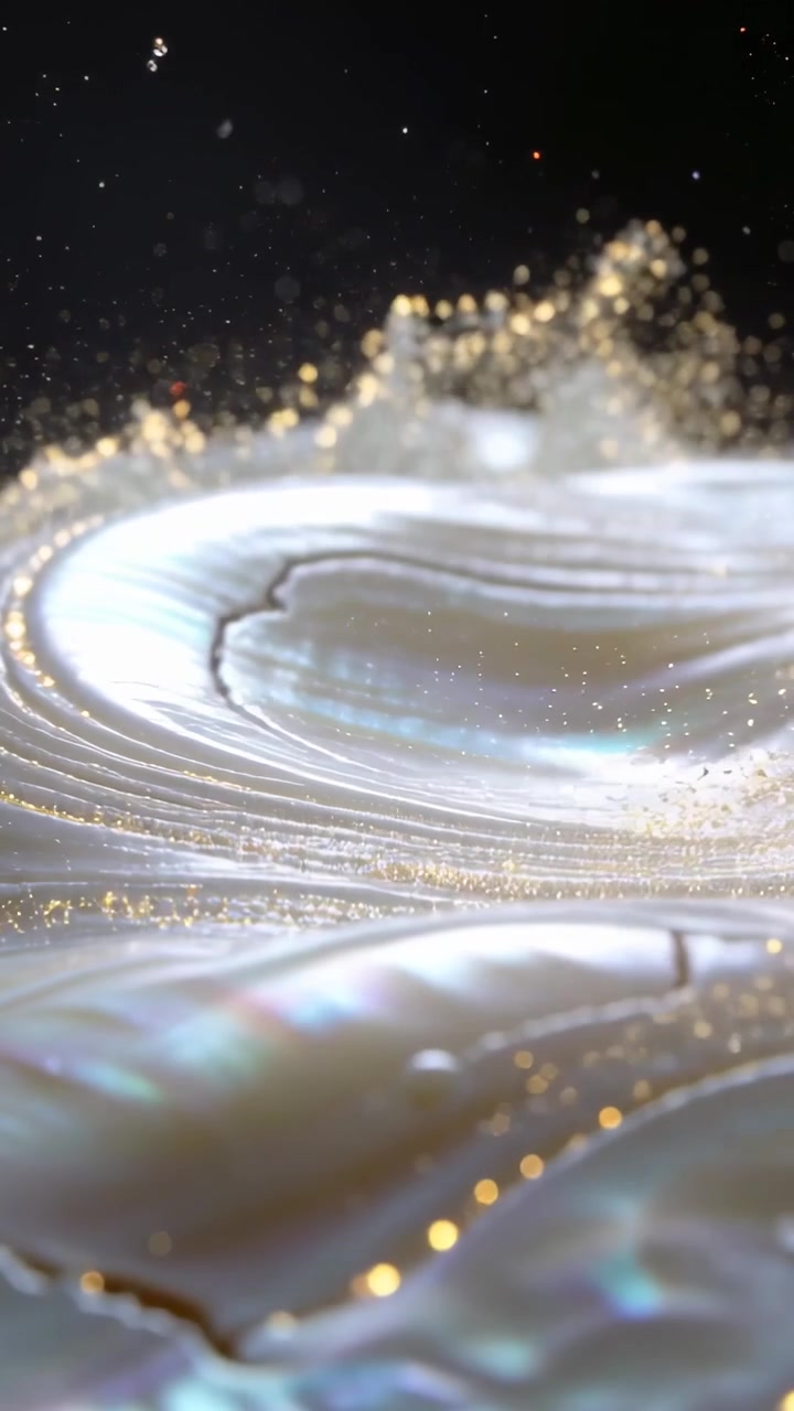 Video verticale: Superficie iridescente che si innalza rilasciando un pennacchio di scaglie d'oro mentre la cresta posteriore si solleva in studio.
