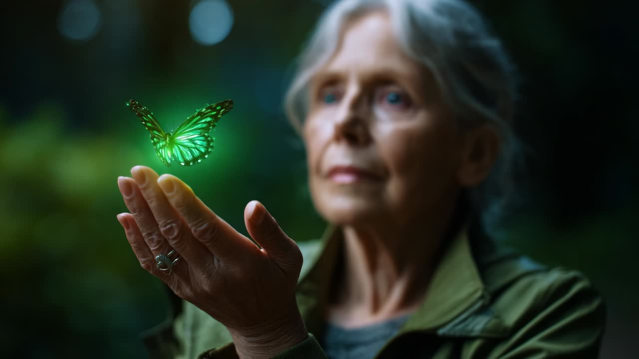 A Serene Moment of Connection: An Elderly Woman Awaits a Magical Green Butterfly on Her Outstretched Hand, Symbolizing Hope, Transformation, and the Beauty of Nature in a Tranquil Setting