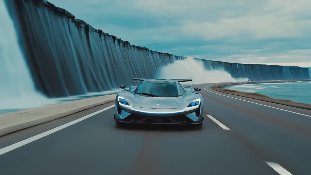 Futuristic Hypercar Driving on a Coastal Road with Dramatic Waterfalls