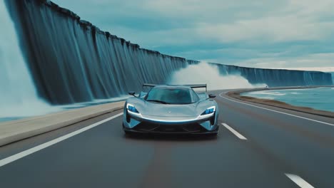 futuristic hypercar driving on a coastal road with dramatic waterfalls