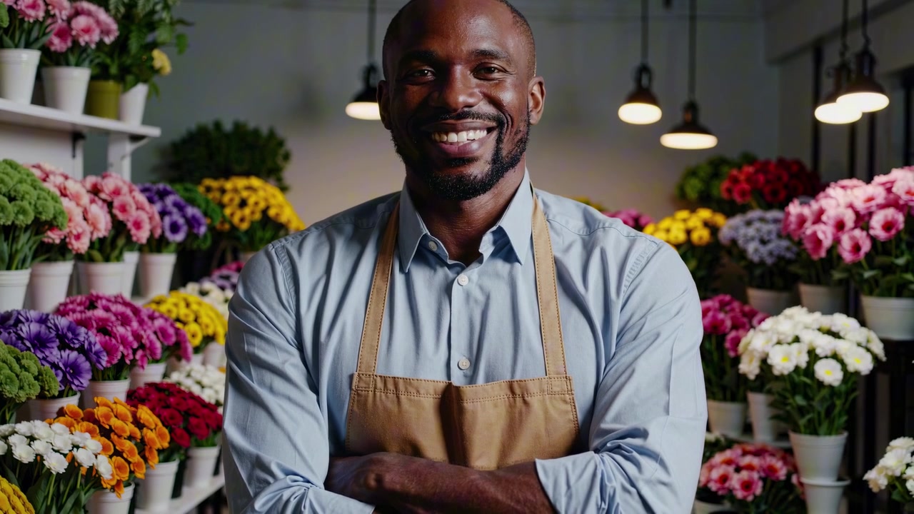 Fiorista afroamericana sorridente in piedi in un negozio di fiori