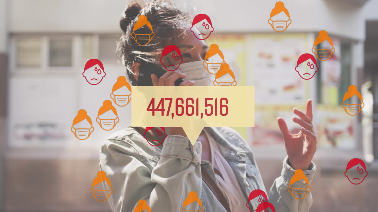 animación de una mujer con una máscara sobre habla de burbuja e íconos múltiples