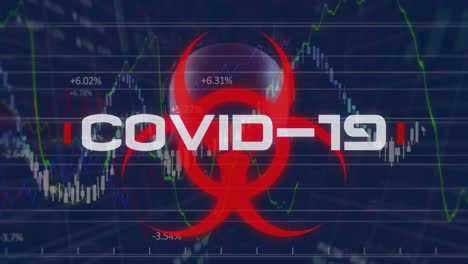 Hazard-sign-with-Covid-19-text-against-stock-market-data-processing