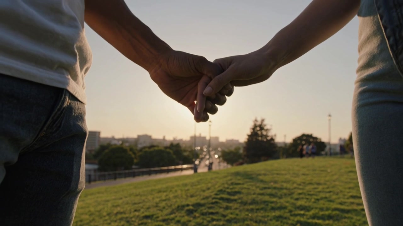 Casal caminhando, de mãos dadas e carinhosamente apertando-as em uma colina gramada ao pôr do sol, com camisas claras.
