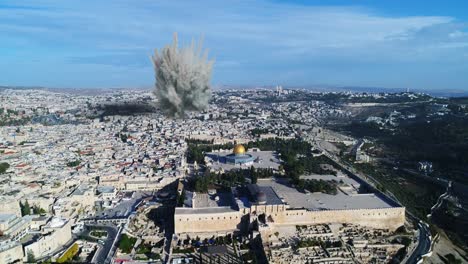 air strike over jerusalem old city close to dome of the rock, aerial view