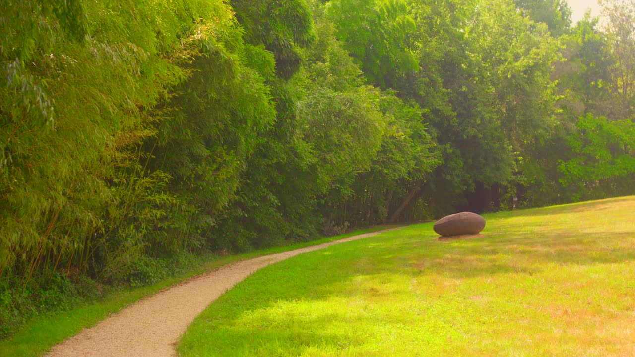 Quiet path through lush forest with solitary sculpture, peaceful setting