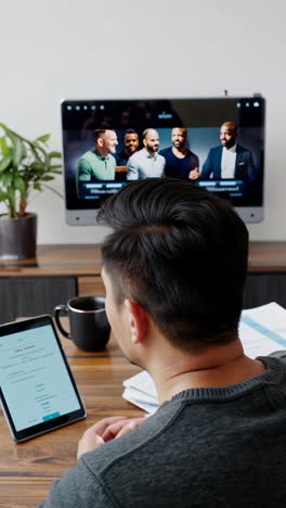 people on a video conference call in their home office.