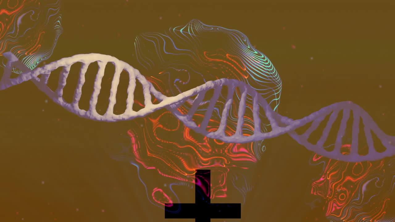 Animation of DNA strand with colorful patterns and plus sign on brown background