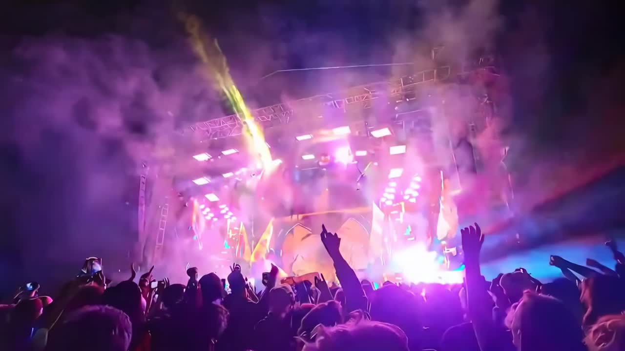 Video dinamico di un concerto con visuale dal basso, che cattura luci vivaci e una folla energica.