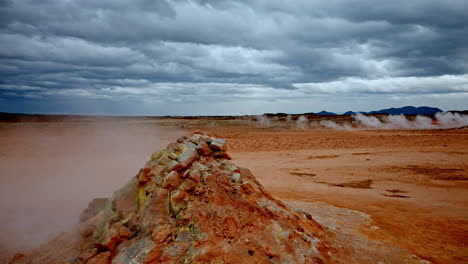 Wide-shot-of-a-column-of-fumarole-near-mount-Námafjall-in-Hverir-geothermal-area,-Iceland