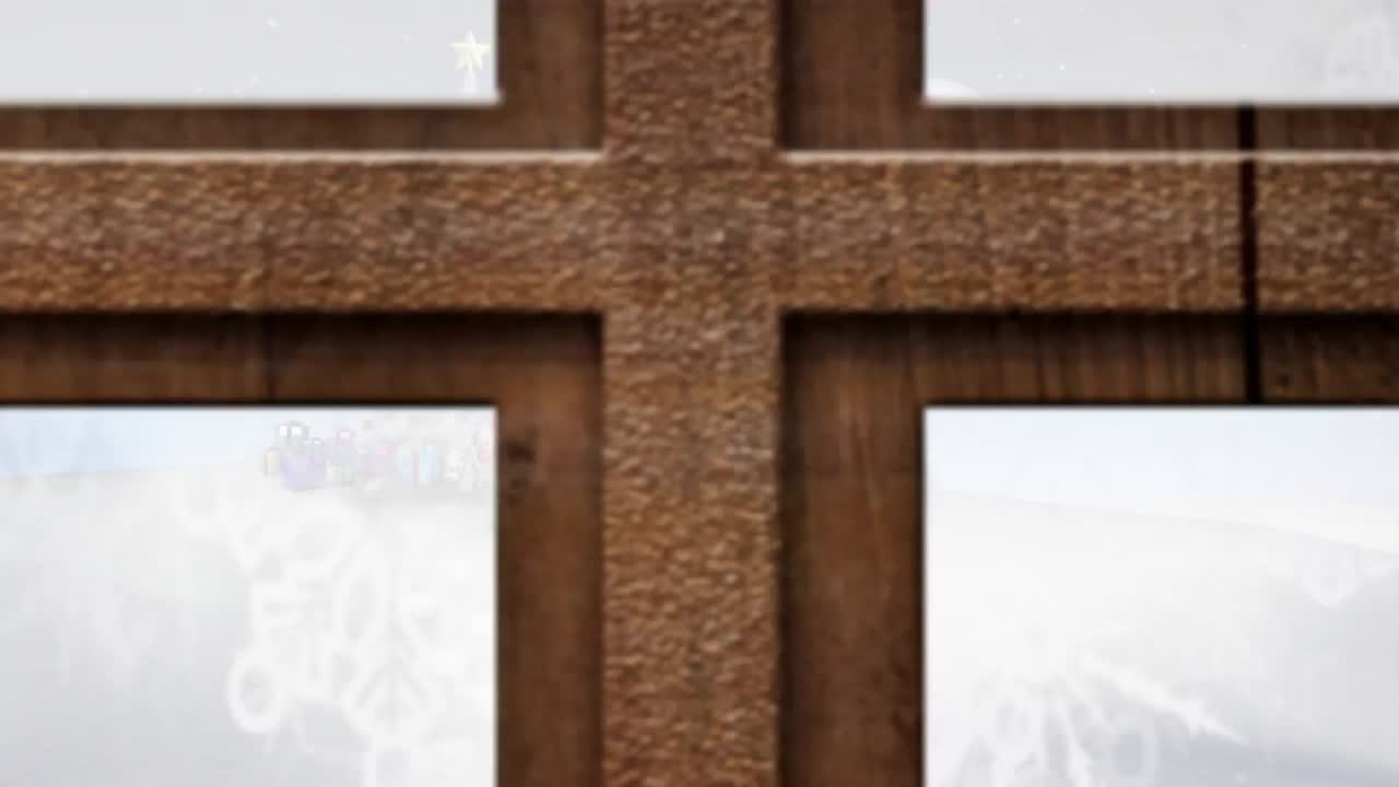 크리스마스 트리와 산타 슬레이가 창문을 통해 보이는 겨울 크리스마스 장면의 애니메이션