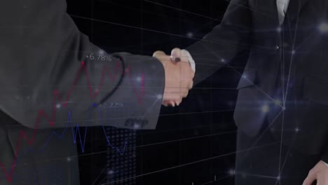 animation of data processing over caucasian business people shaking hands