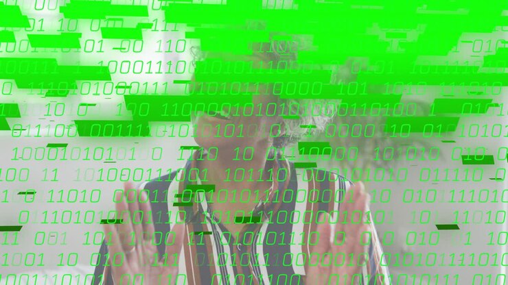 In het begin, binaire code zwevend, vrouw bij raam die hand opsteekt met code in technische demo