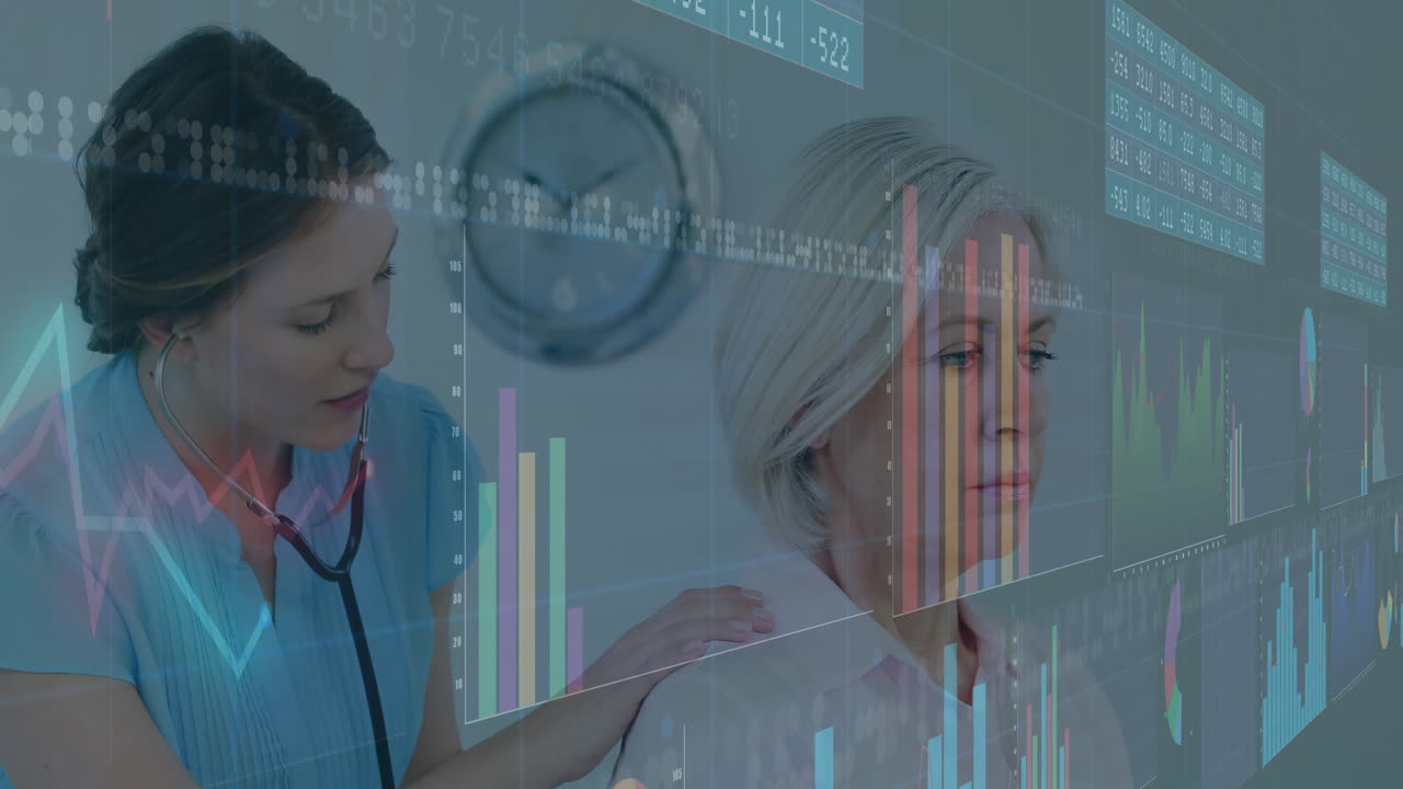 Comforting patient, healthcare professional using animation of financial data in hospital