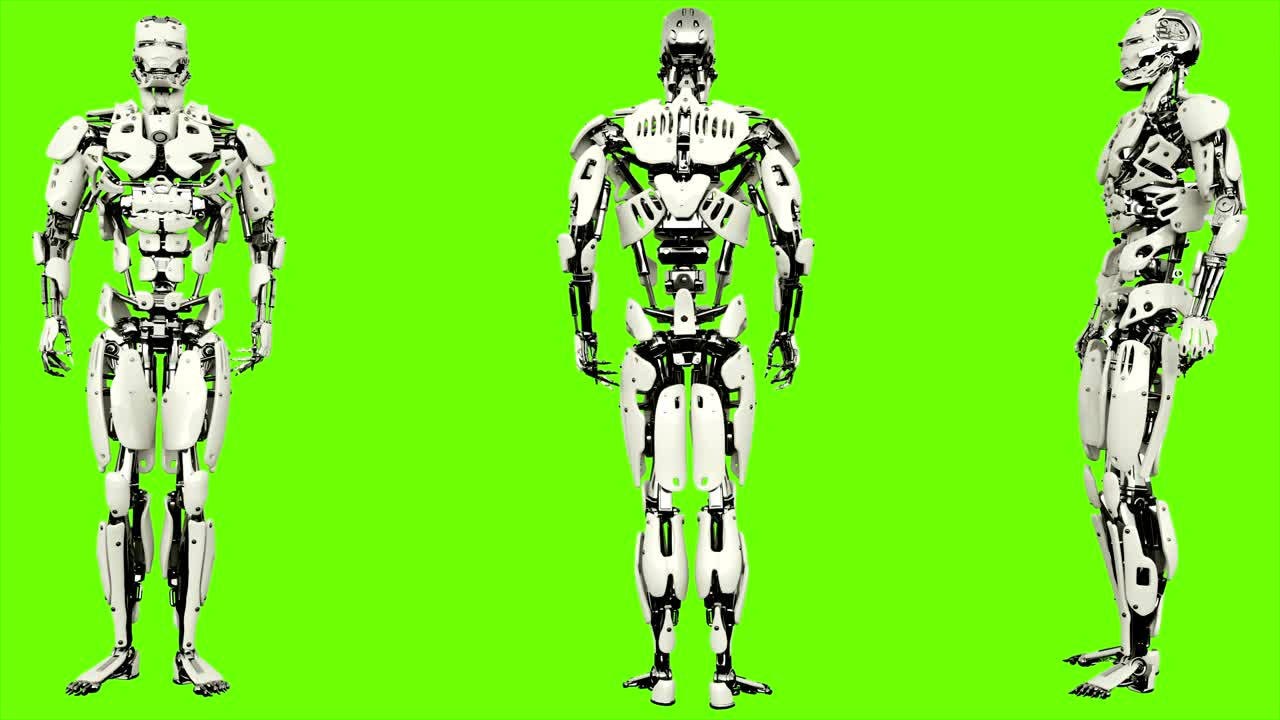 Robot android is presses the button. Realistic looped motion on green screen background. 4K
