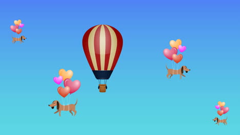 animación de globos de aire caliente coloridos con perros volando sobre un fondo azul