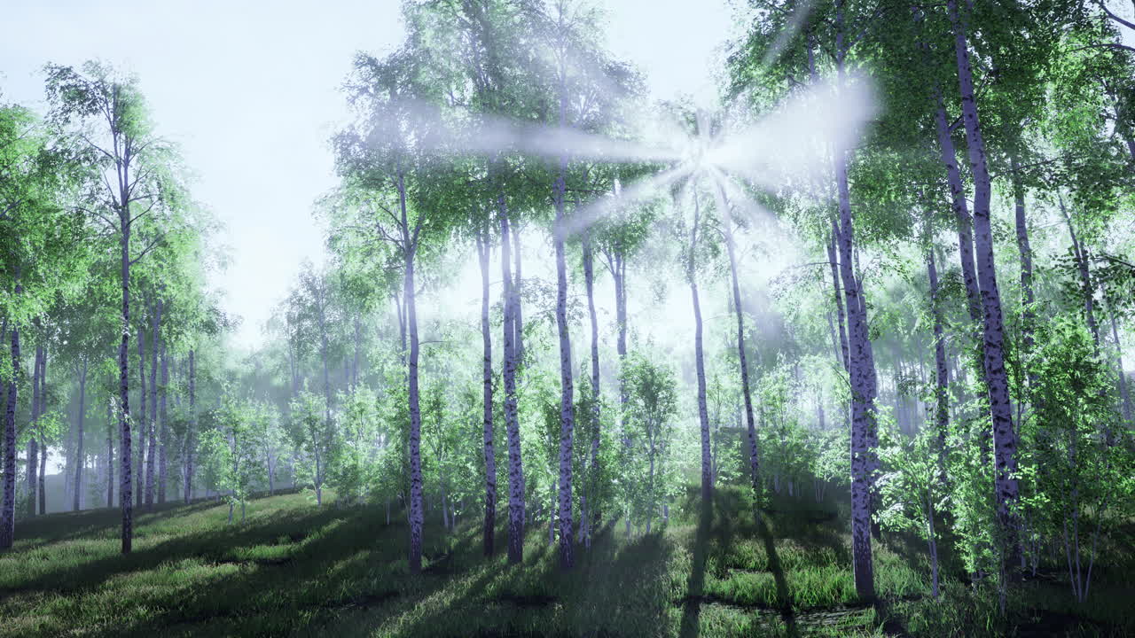 Sunlight filters through lush trees in a serene forest at dawn