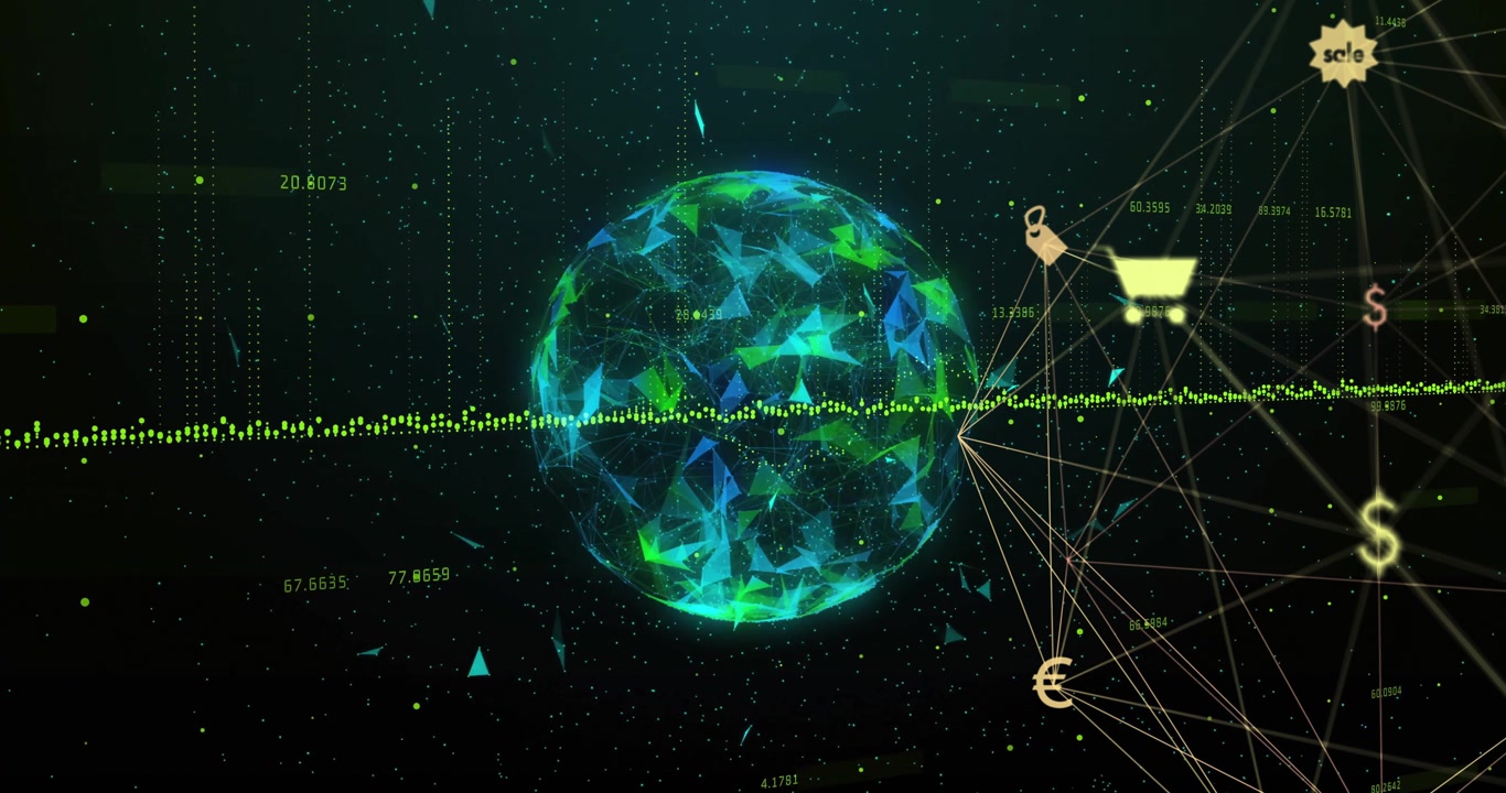 Glowing digital sphere spinning in 3D render, streaming green data and radiating shopping icons