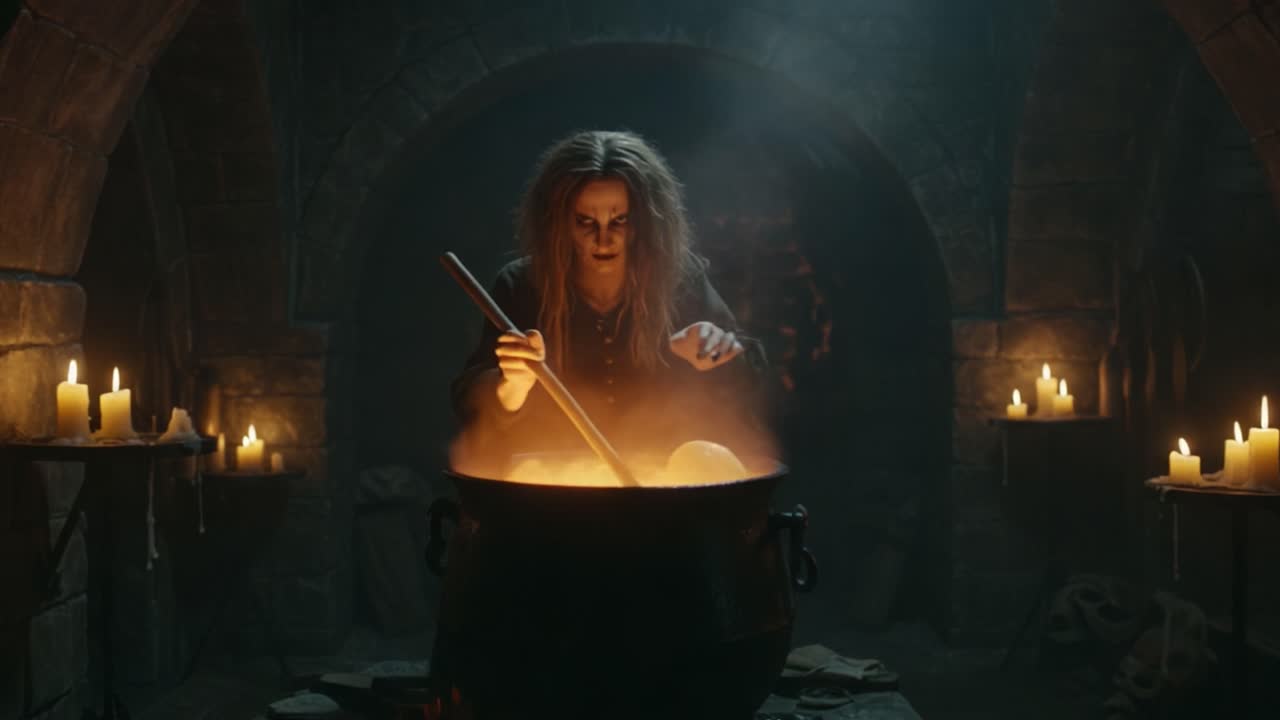 A Mysterious Sorceress Prepares Her Potent Brew in a Dimly Lit Dungeon, Surrounded by Flickering Candlelight and Enigmatic Shadows, Evoking an Atmosphere of Dark Magic and Intrigue