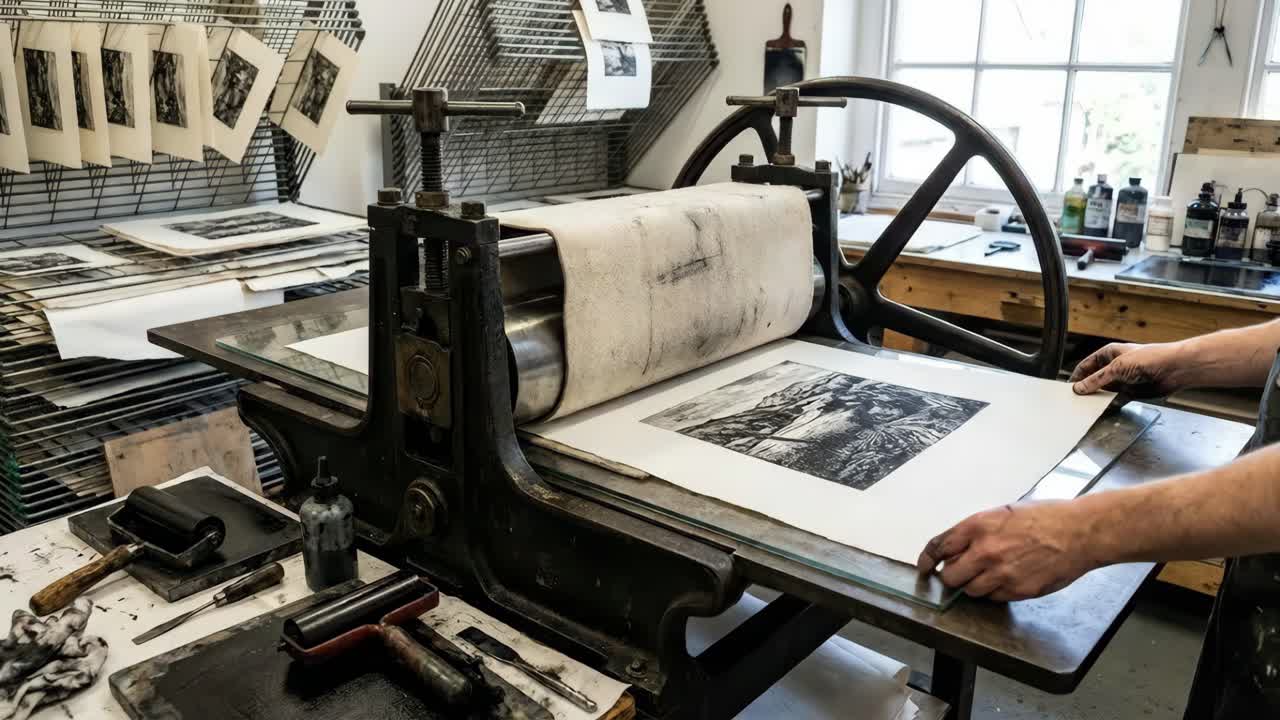Grafisk trykproces med en trykpresse i et kunststudie