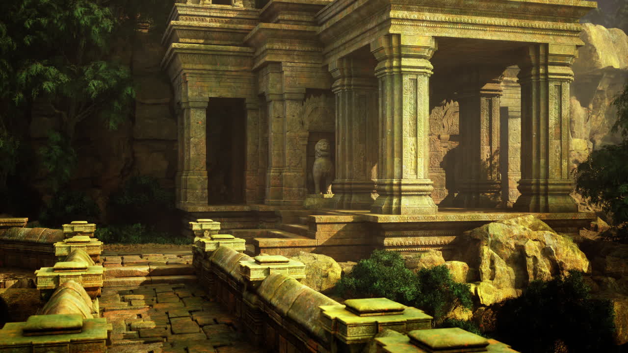 Ancient temple ruins surrounded by lush greenery in a serene landscape