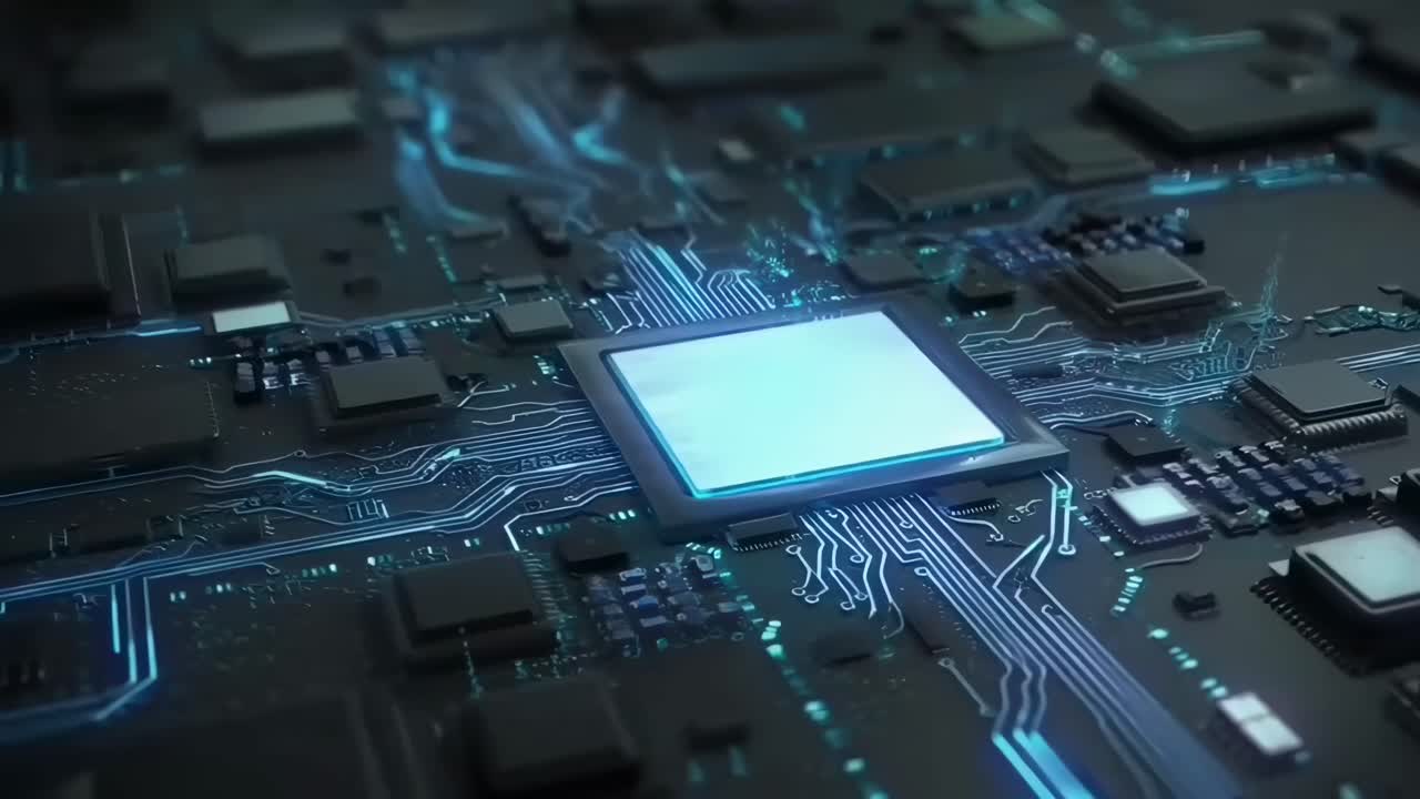 Primo piano di una scheda di circuito futuristica, vista angolata. Linee neon blu evidenziano dettagli tecnologici, stile video.