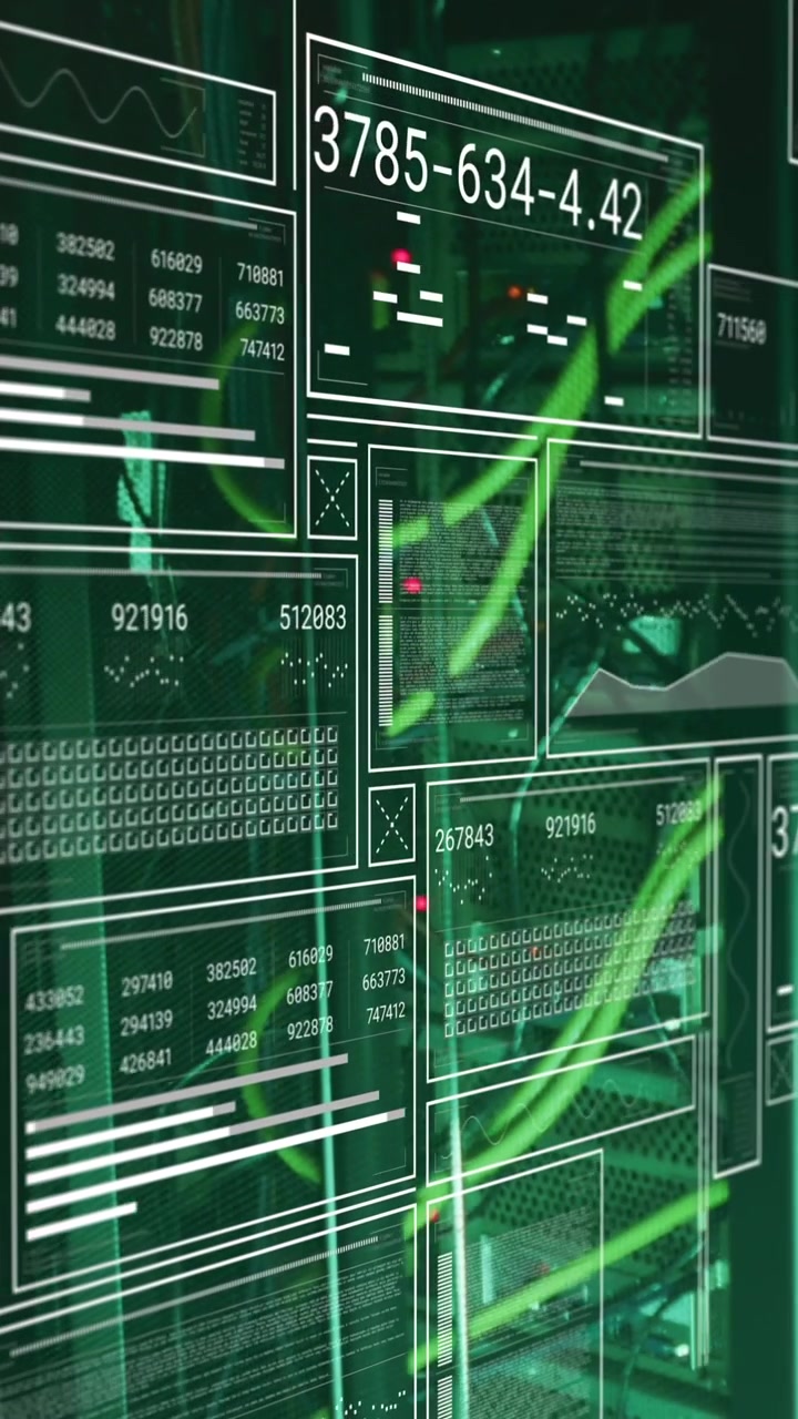 Animation of graphs, loading bars and circles with changing numbers over serve racks