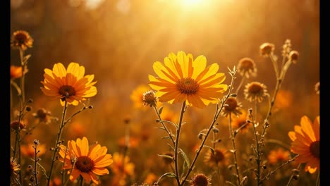 yellow flowers in a field at sunset