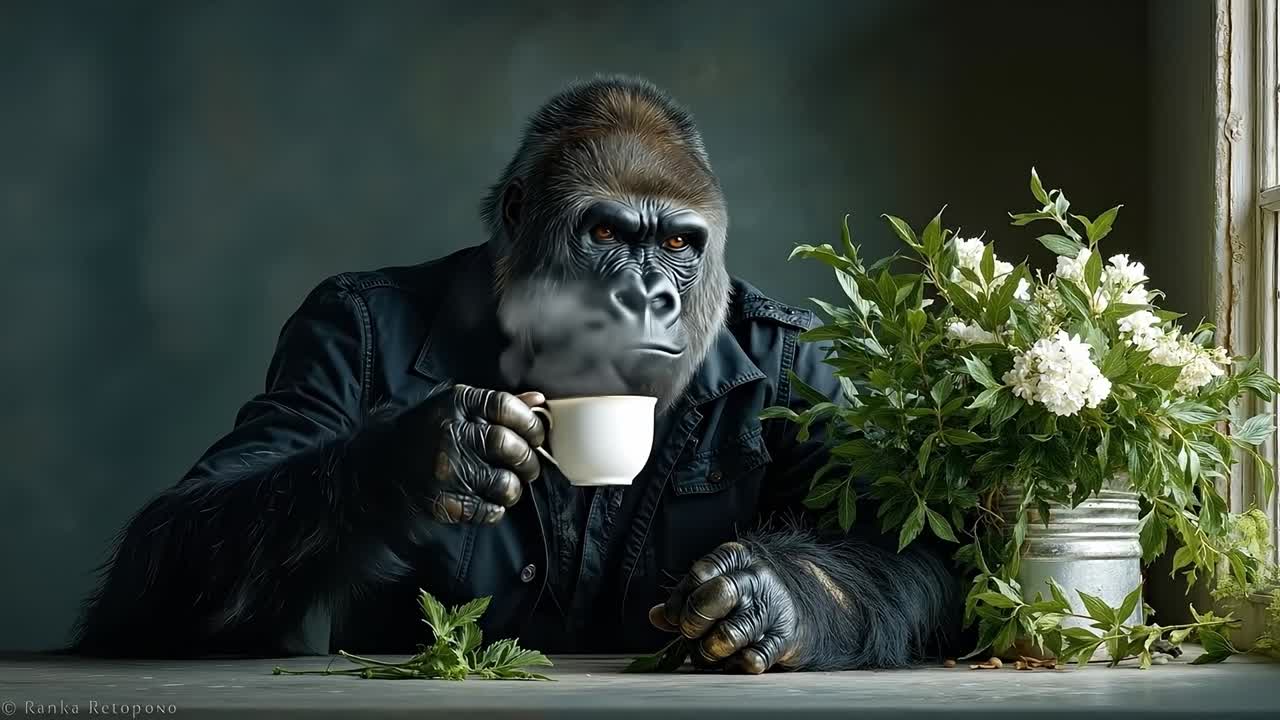 En gorilla, der sidder ved et bord med en kop kaffe