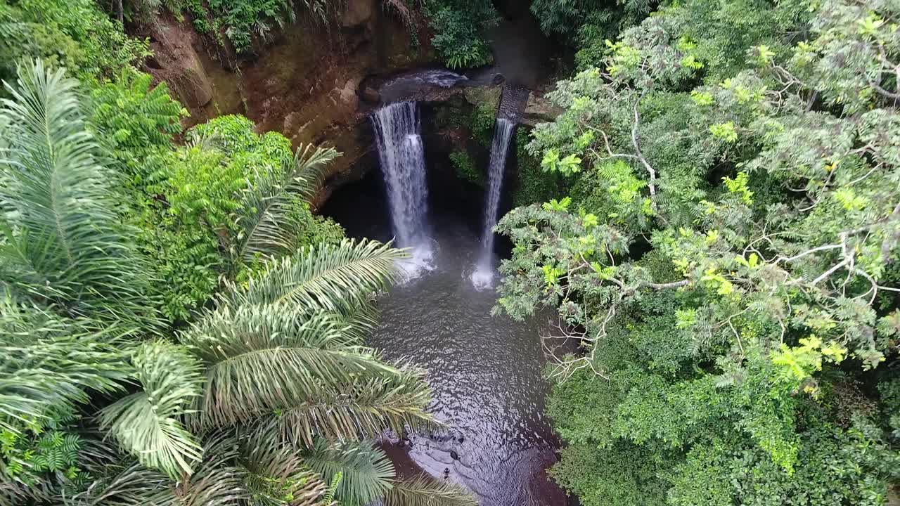 Air terjun dengan kolam tersembunyi di hutan di antara pohon-pohon palem, rekaman drone terbang ke atas melewati pohon-pohon palem