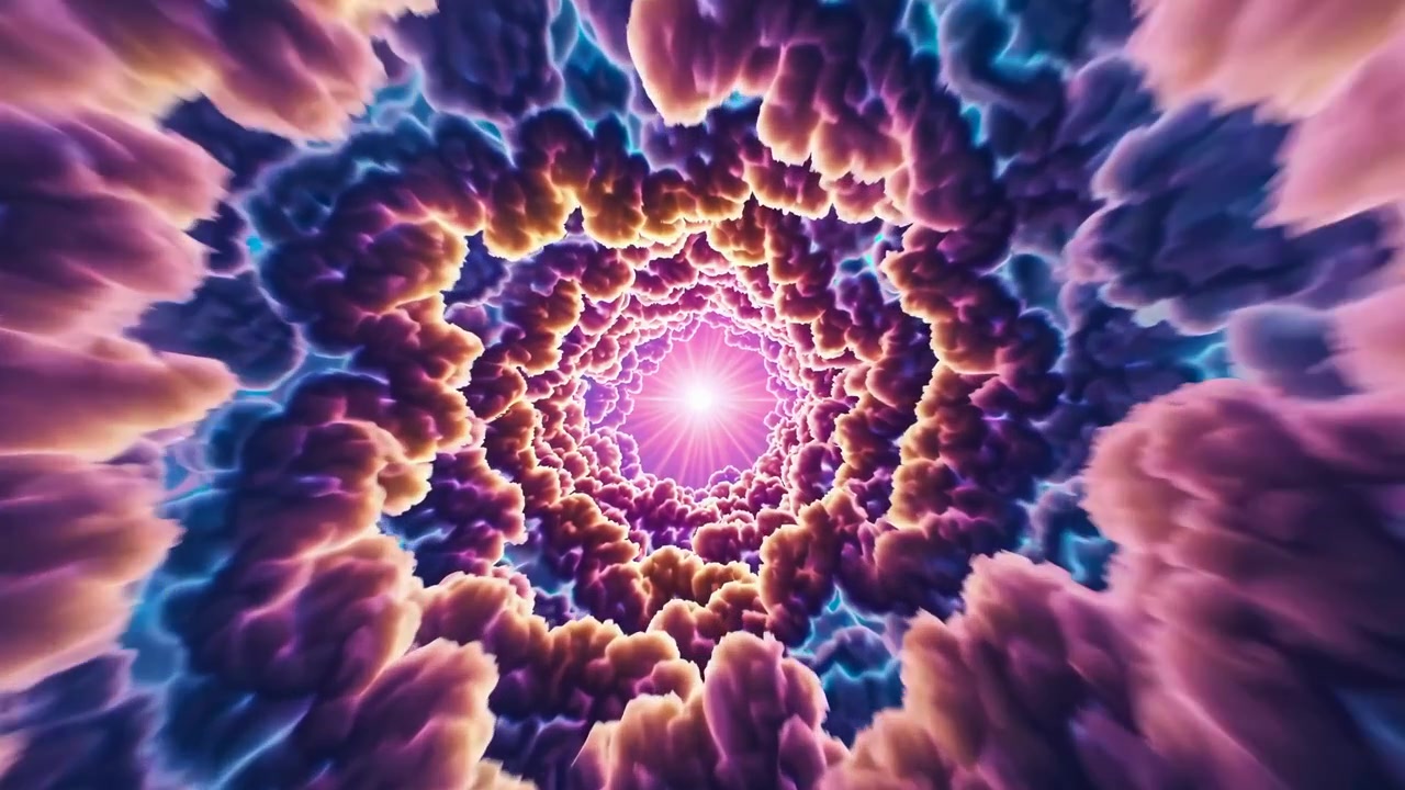 Tunnel cosmico astratto con luce brillante e colori vorticosi